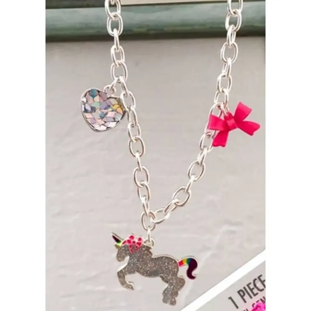 Silver Tone Glitter Unicorn Charm Bracelet w/ Crystal Heart & Bow New + Gift Box